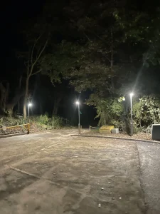 A dark, empty parking lot at night lit by overhead lights with trees in the background.