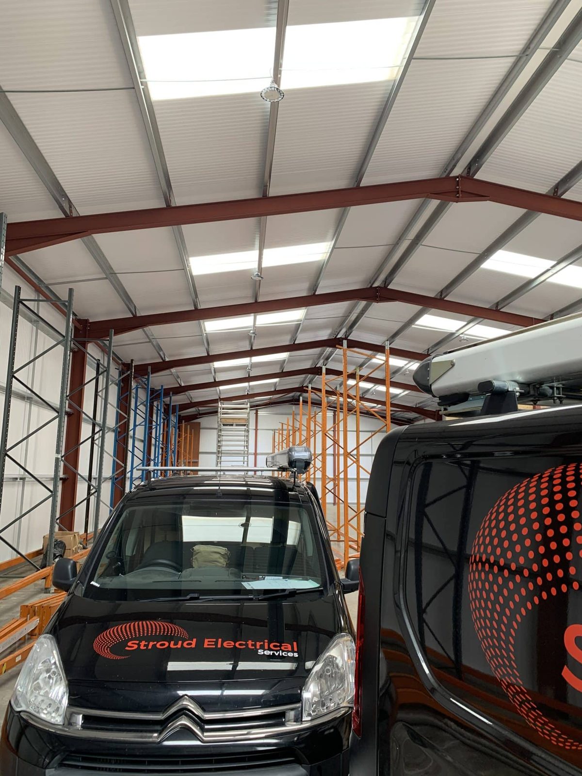 LED high bay lighting providing even illumination across the Bisley Marquees warehouse